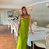 LIZAKOSHT  -  Chic Satin Slip Long Dress For Women Cowl-neck Sleeveless Side Split Hip Package Robe 2025 Summer Elegant Female Party Dresses